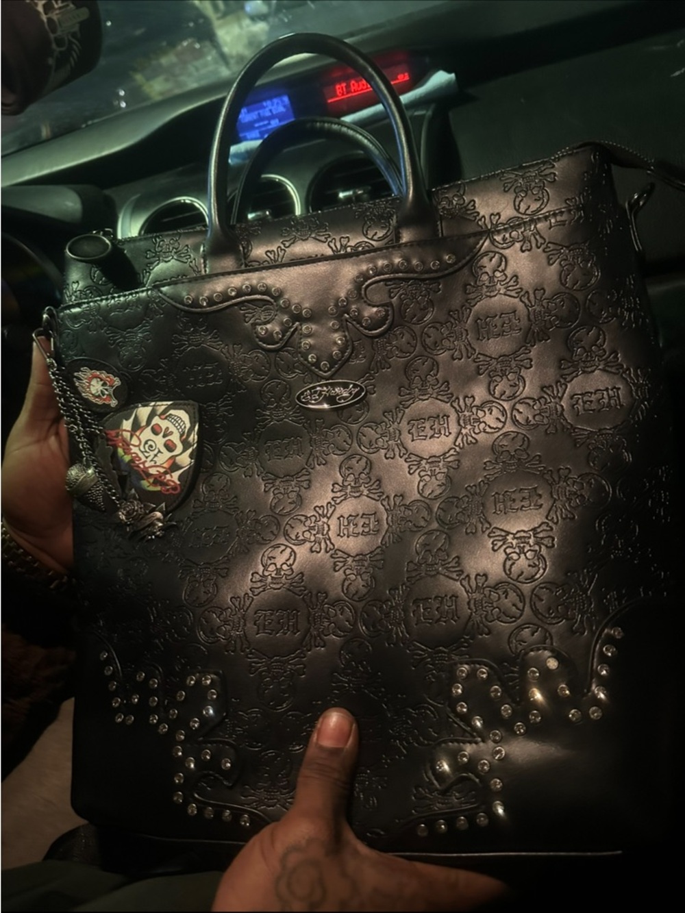 Ed Hardy Black Embossed Leather Tote with Stud Accents